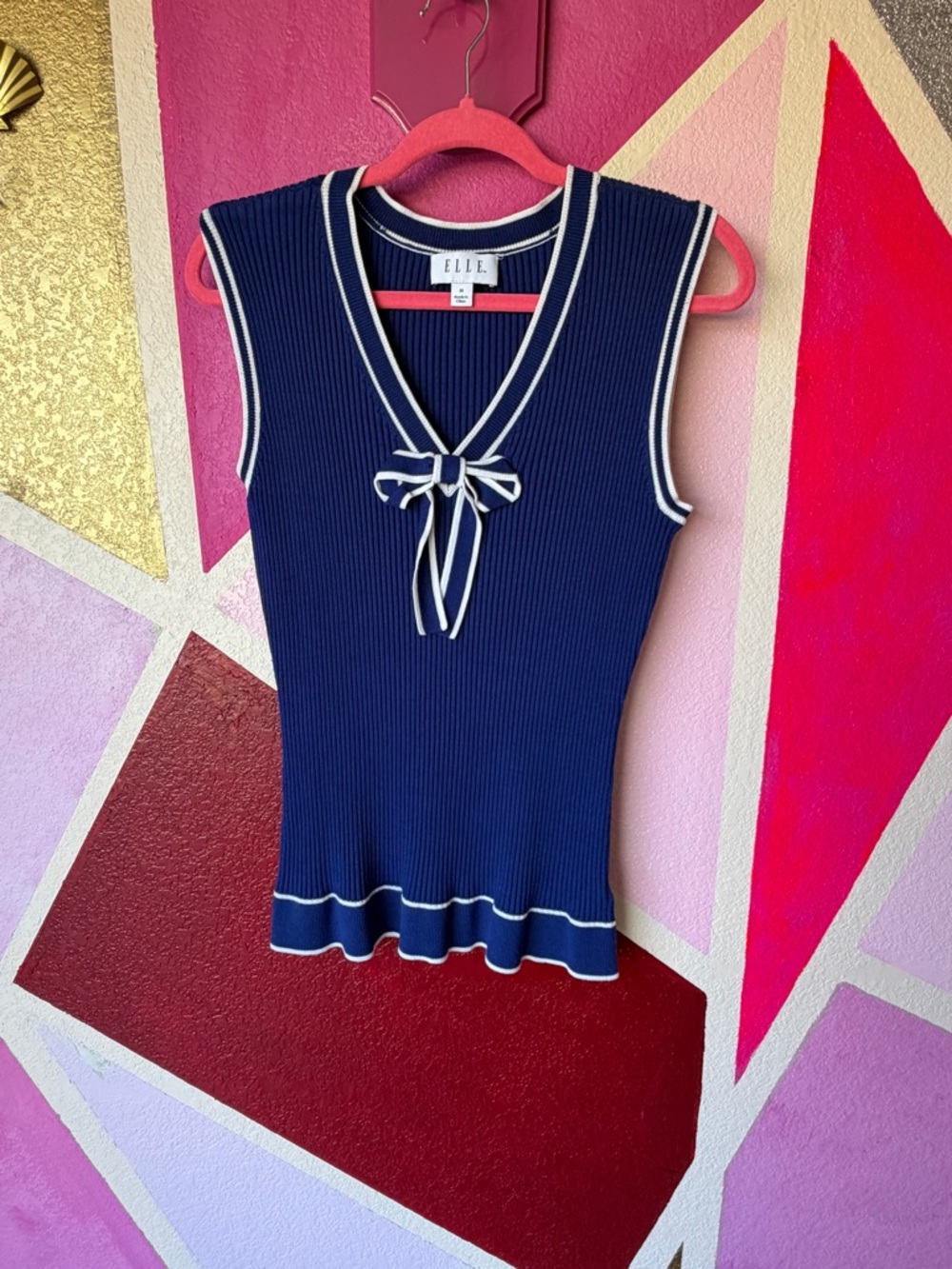 ELLE Preppy Nautical Sleeveless Ribbed Tank with White Trim and Bow